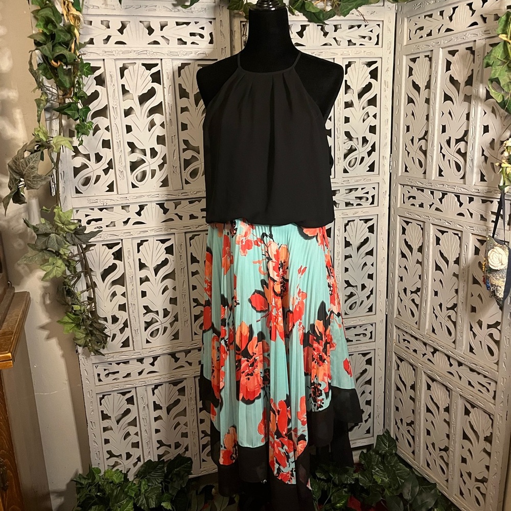 BISOU BISOU BRILLIANT HALTER STYLE TOP WITH BRIGHT PLEATED SKIRT MIDI DRESS